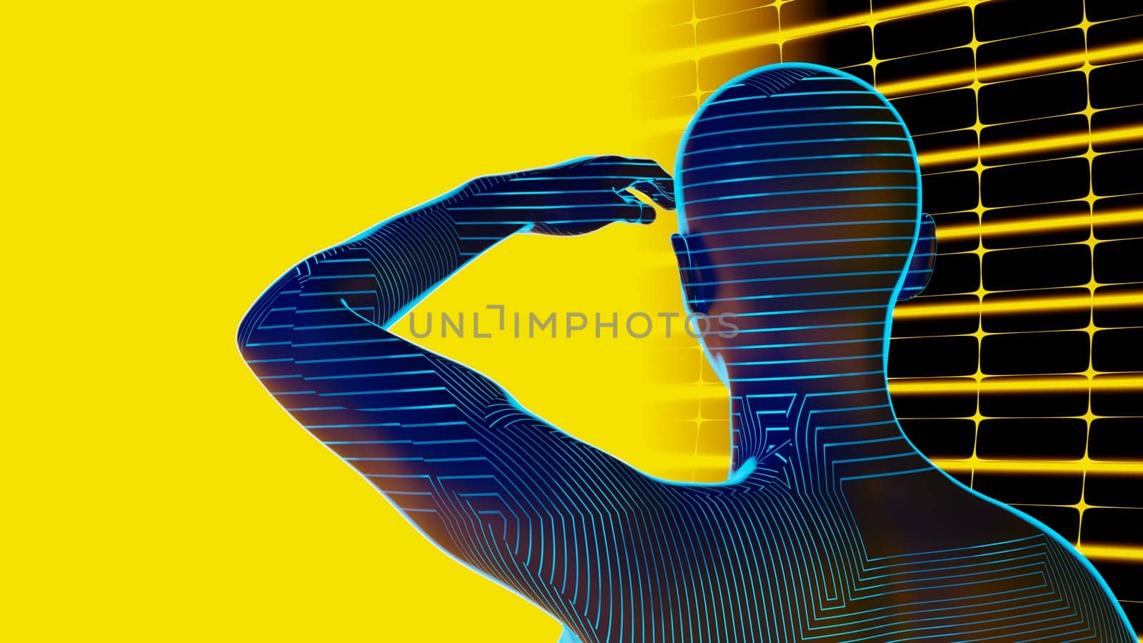 hologram human from behind watching looking away at sunset illumination yellow background copy space 3D illustration