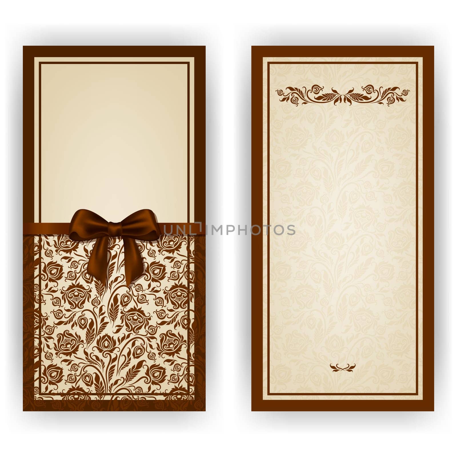Elegant template luxury invitation, card with lace ornament, bow, place for text. Floral elements, ornate background. Vector illustration EPS10.