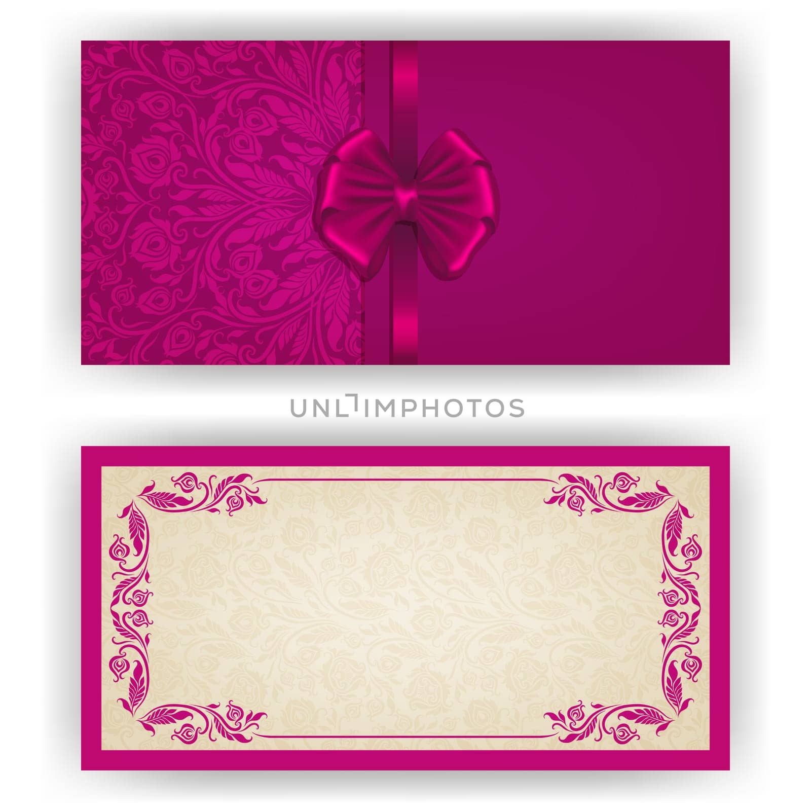 Elegant template luxury invitation, card with lace ornament, bow, place for text. Floral elements, ornate background. Vector illustration EPS 10.