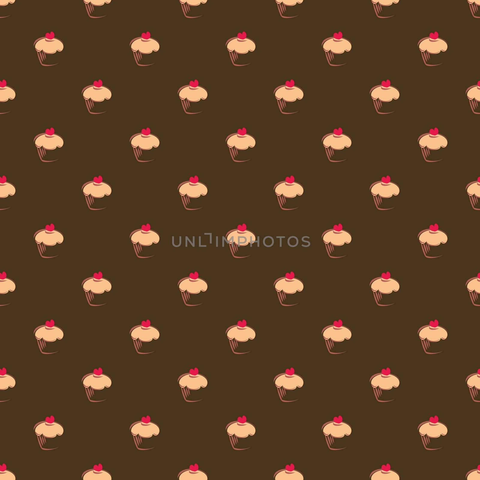 Seamless vector pattern background with big chocolate brown cupcakes, muffins, sweet cake and red heart on top. Background or texture with sweets desktop wallpaper, web design or culinary blog website