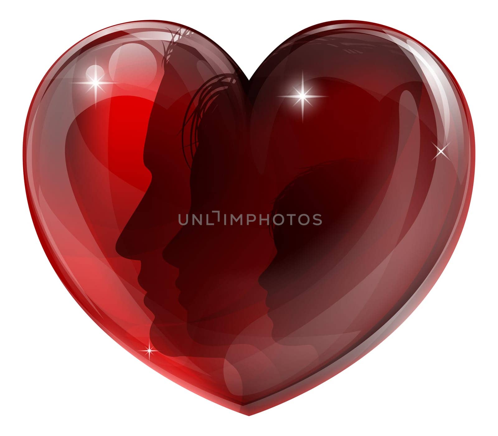 Loving family concept  a mother, father and child faces in silhouette in a glossy heart shape