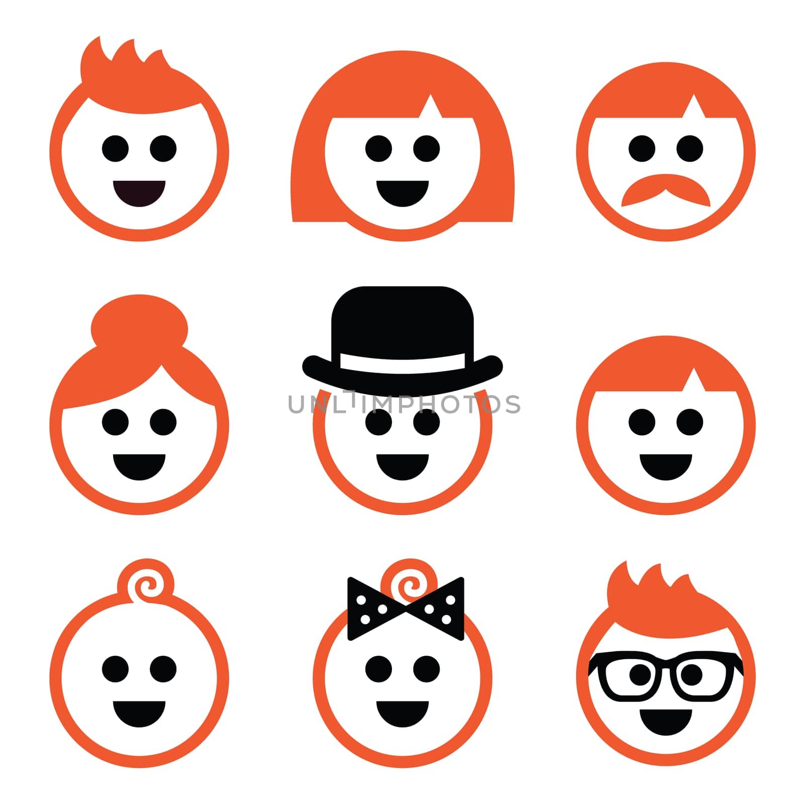 Vector icons set of red hair people isolated on white