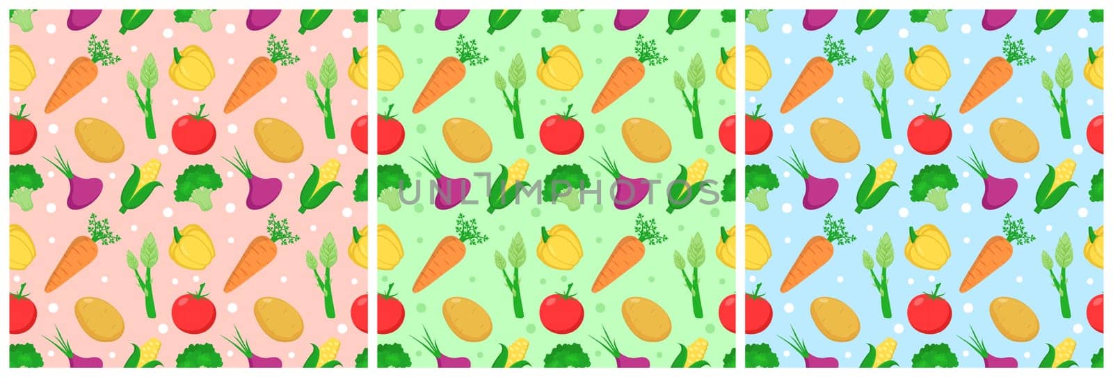 Set of Vegetarian, Fruit or Vegetables Seamless Pattern Design with Fresh, Organic and Natural Food in Hand Drawn Flat Cartoon Background Illustration
