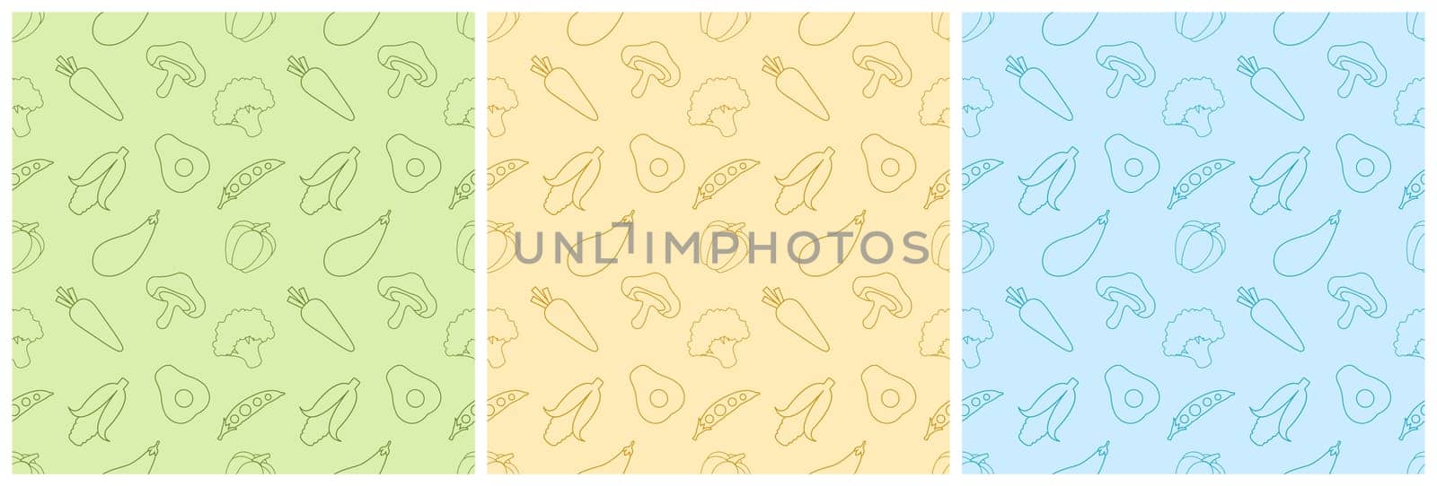 Set of Vegetarian, Fruit or Vegetables Seamless Pattern Design with Fresh, Organic and Natural Food in Hand Drawn Flat Cartoon Background Illustration
