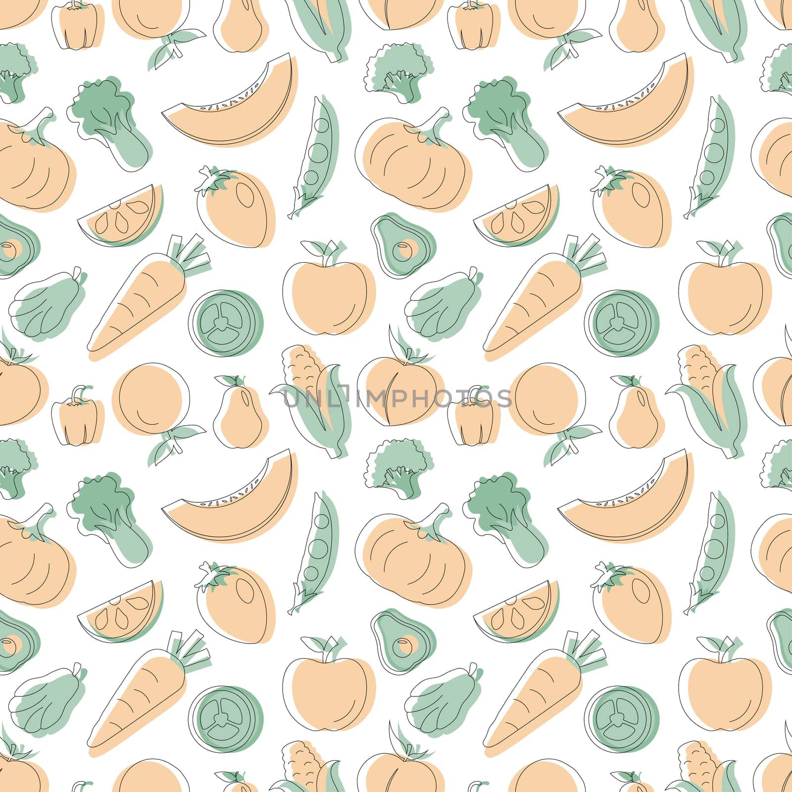 Vegetarian, Fruit and Vegetables Seamless Pattern Design with Fresh, Organic and Natural Food in Hand Drawn Flat Cartoon Background Illustration