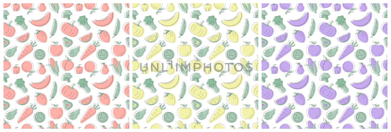 Set of Vegetarian, Fruit or Vegetables Seamless Pattern Design with Fresh, Organic and Natural Food in Hand Drawn Flat Cartoon Background Illustration
