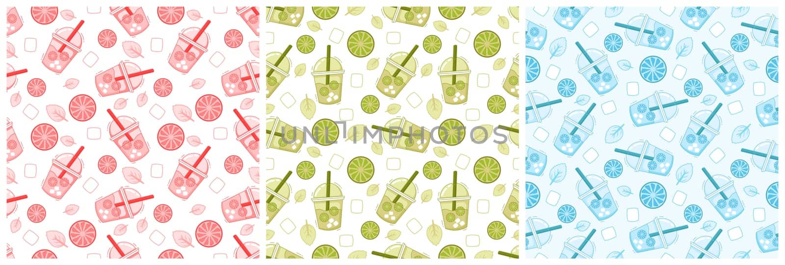 Set of Vegetarian, Fruit or Vegetables Seamless Pattern Design with Fresh, Organic and Natural Food in Hand Drawn Flat Cartoon Background Illustration