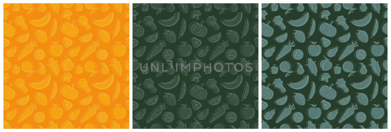 Set of Vegetarian, Fruit or Vegetables Seamless Pattern Design with Fresh, Organic and Natural Food in Hand Drawn Flat Cartoon Background Illustration