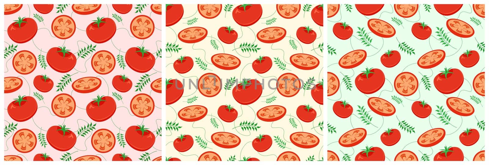 Set of Vegetarian, Fruit or Vegetables Seamless Pattern Design with Fresh, Organic and Natural Food in Hand Drawn Flat Cartoon Background Illustration