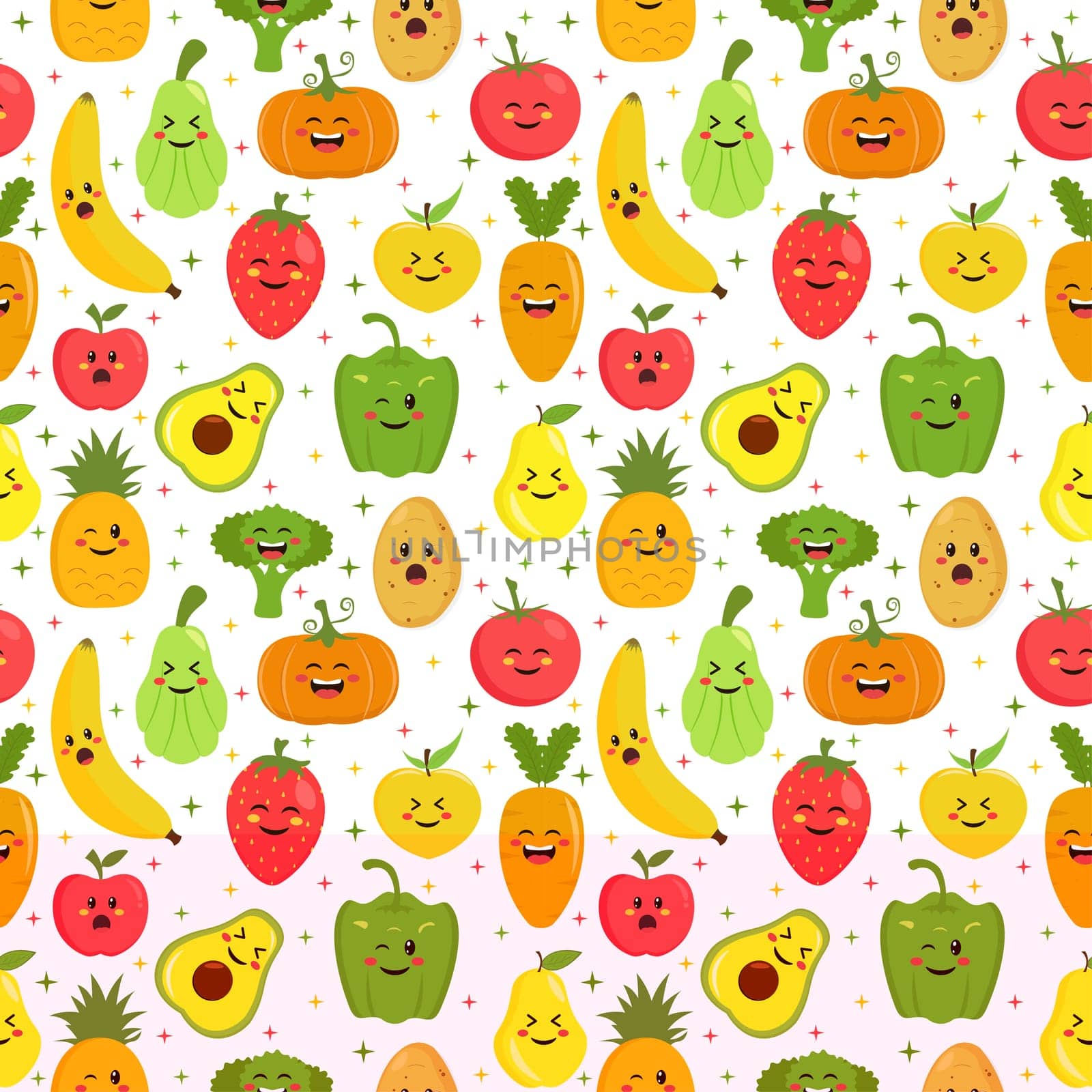Vegetarian, Fruit and Vegetables Seamless Pattern Design with Fresh, Organic and Natural Food in Hand Drawn Flat Cartoon Background Illustration