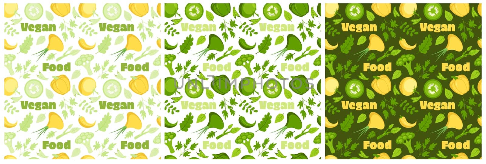 Set of Vegetarian, Fruit or Vegetables Seamless Pattern Design with Fresh, Organic and Natural Food in Hand Drawn Flat Cartoon Background Illustration