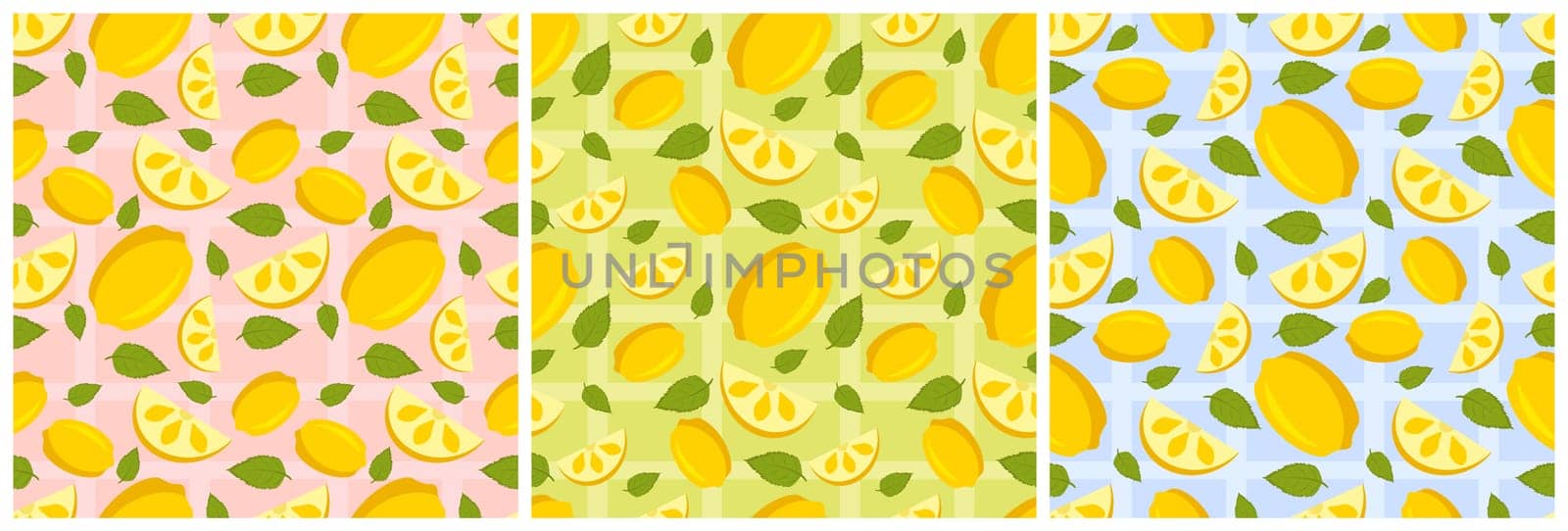Set of Vegetarian, Fruit or Vegetables Seamless Pattern Design with Fresh, Organic and Natural Food in Hand Drawn Flat Cartoon Background Illustration