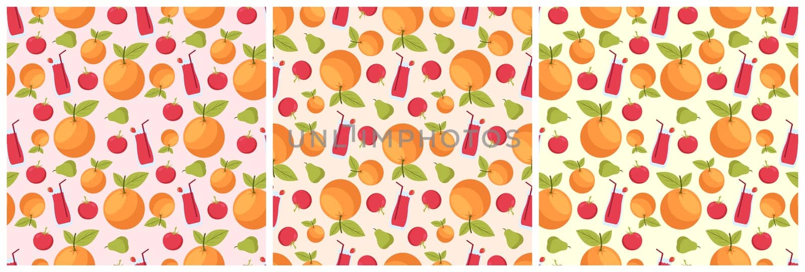 Set of Vegetarian, Fruit or Vegetables Seamless Pattern Design with Fresh, Organic and Natural Food in Hand Drawn Flat Cartoon Background Illustration