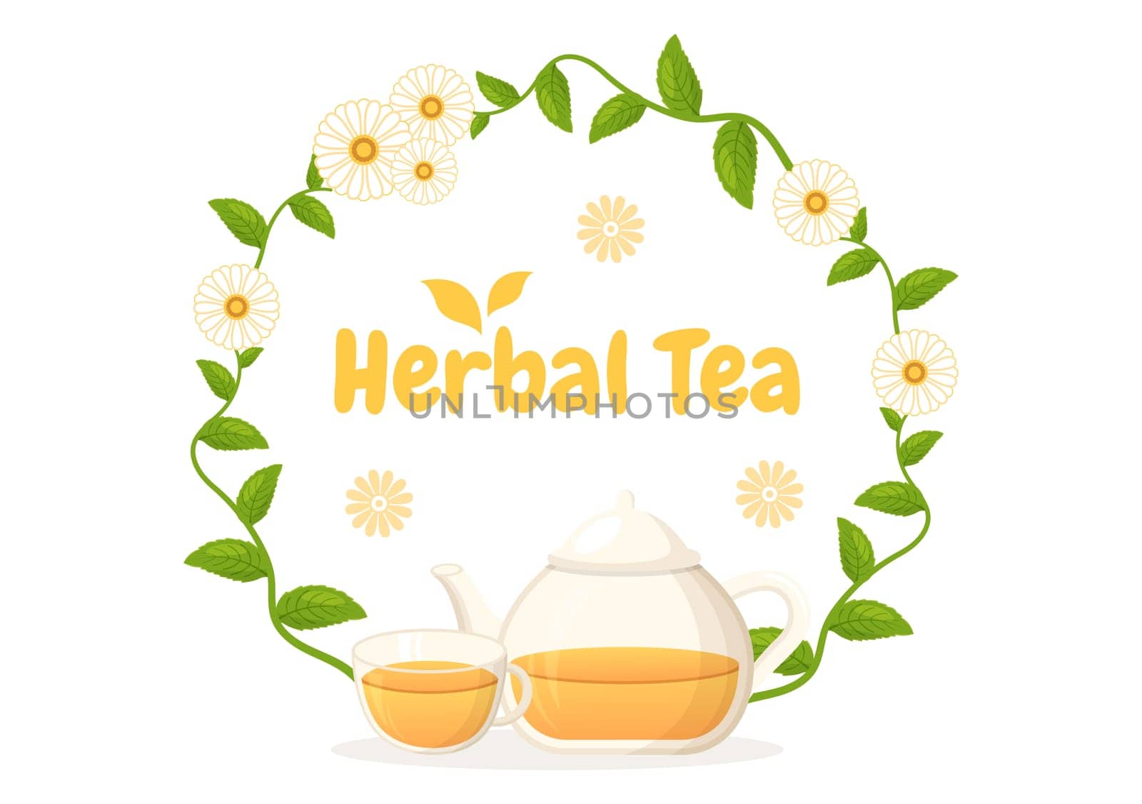 Herbal Tea with Chamomile Leaves of Health Drink Green to Increase Endurance in Template Hand Drawn Cartoon Flat Background Illustration