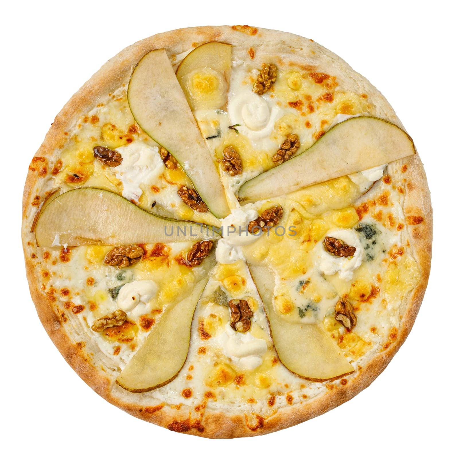 Original and non-traditional fruit homemade sweet pear pizza with cheese, honey and walnuts isolated on white background. Close up of round rustic italian delicious food from dough. Clipping path.