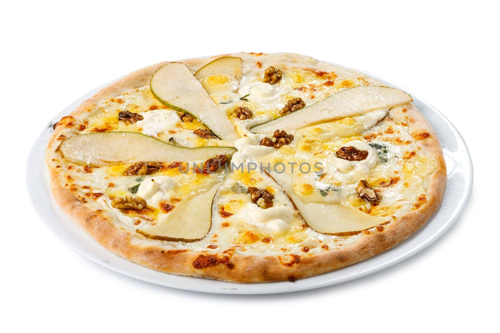 Original and non-traditional fruit homemade sweet pear pizza with cheese, honey and walnuts on white background. Close up of round rustic italian delicious food from dough.