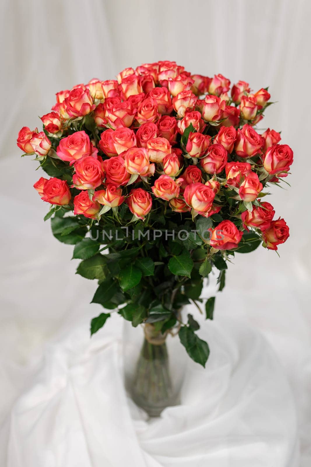 Bouquet consisting of many pink roses with tall stem and which stands on stand in glass vase. Festive bouquet of roses in transparent vase on background composed of white fabric.