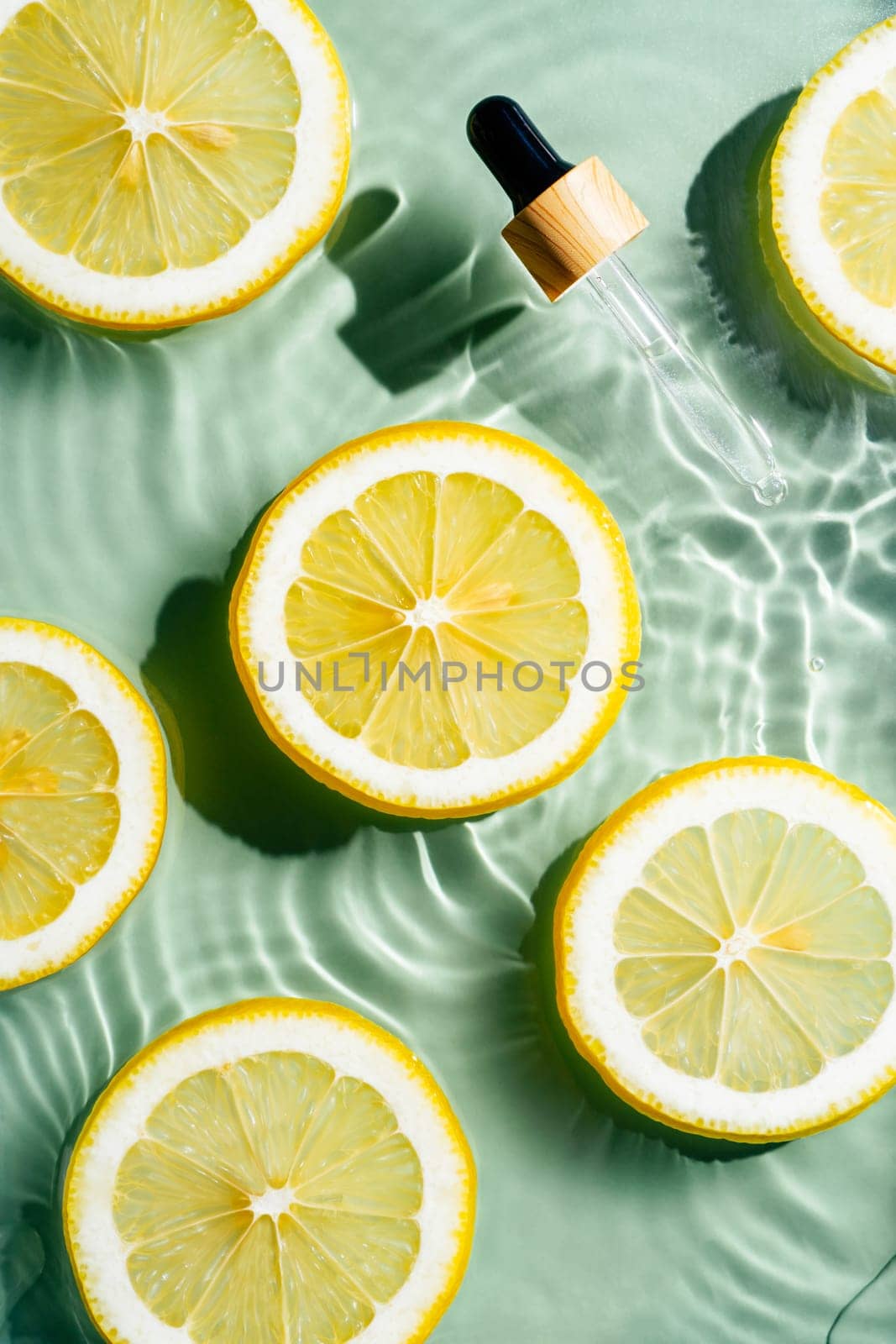 Facial pipette serum, whey beauty product near fruit citrus lemon in water splashing fresh transparent, flecks. Flat lay, top view. Summer beach tropical. Organic skin body antiage care in hot climate