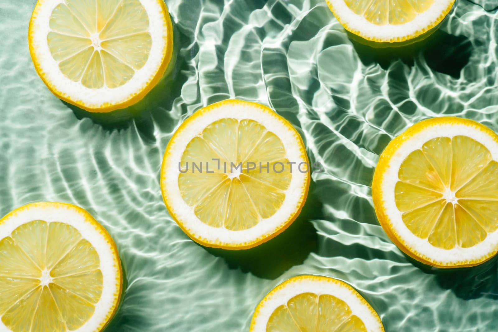 Transparent fresh exhilarant wave water with flecks background, lemon citrus slices. Summer freshness, healthy eating beach travel drinks concept. Vitaminic moisturizing care. Flat lay, top view