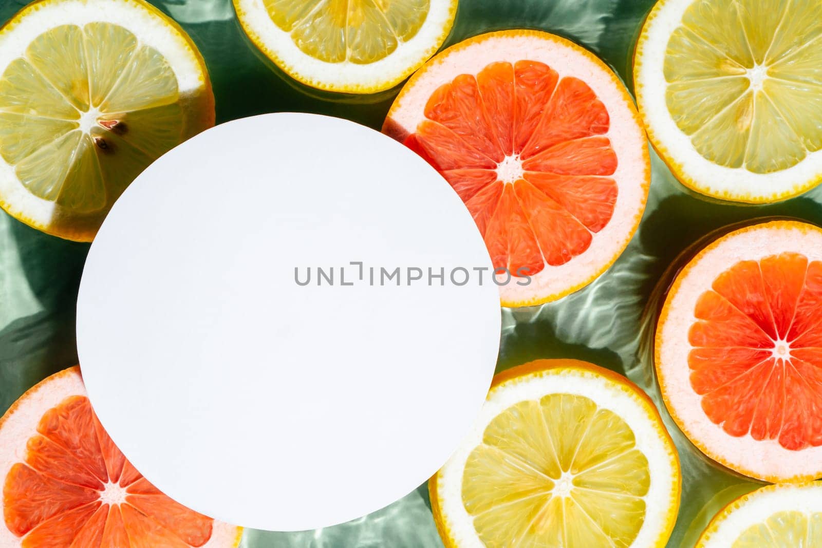 White circle copy space in transparent fresh exhilarant wave water with flecks background, lemon, grapefruit citrus slices. Summer freshness, healthy eating beach travel drinks concept. Flat lay