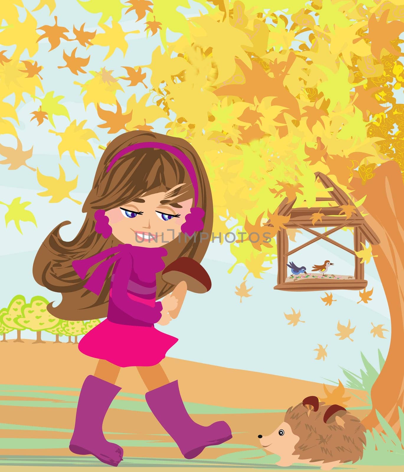 girl and hedgehog are picking mushrooms in autumn