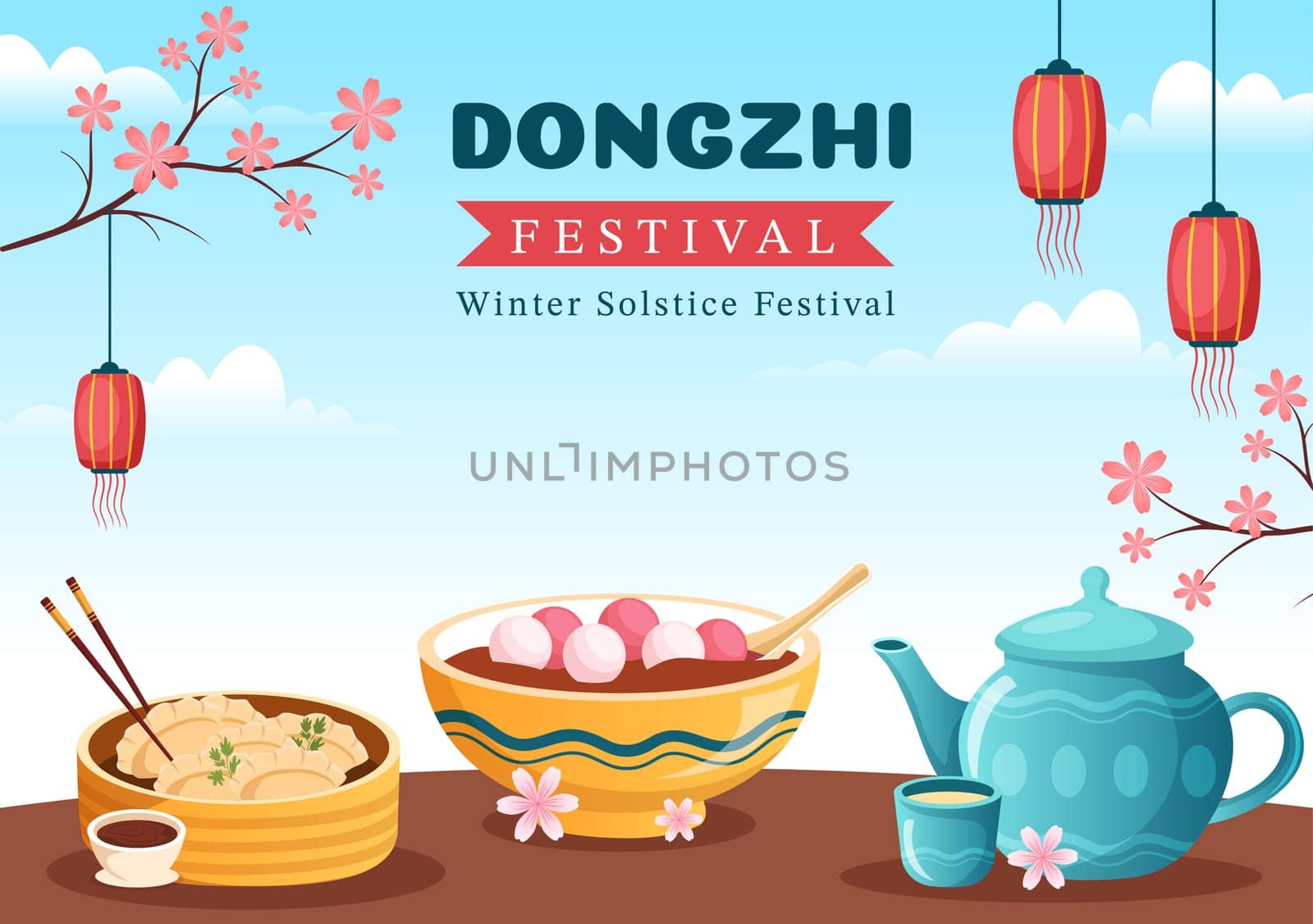 Dongzhi or Winter Solstice Festival Template Hand Drawn Cartoon Flat Illustration with Family Enjoying Chinese Food Tangyuan and Jiaozi Concept