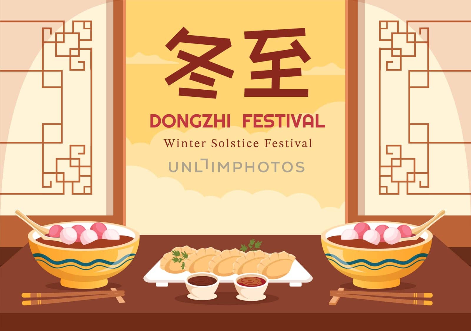 Dongzhi or Winter Solstice Festival Template Hand Drawn Cartoon Flat Illustration with Family Enjoying Chinese Food Tangyuan and Jiaozi Concept