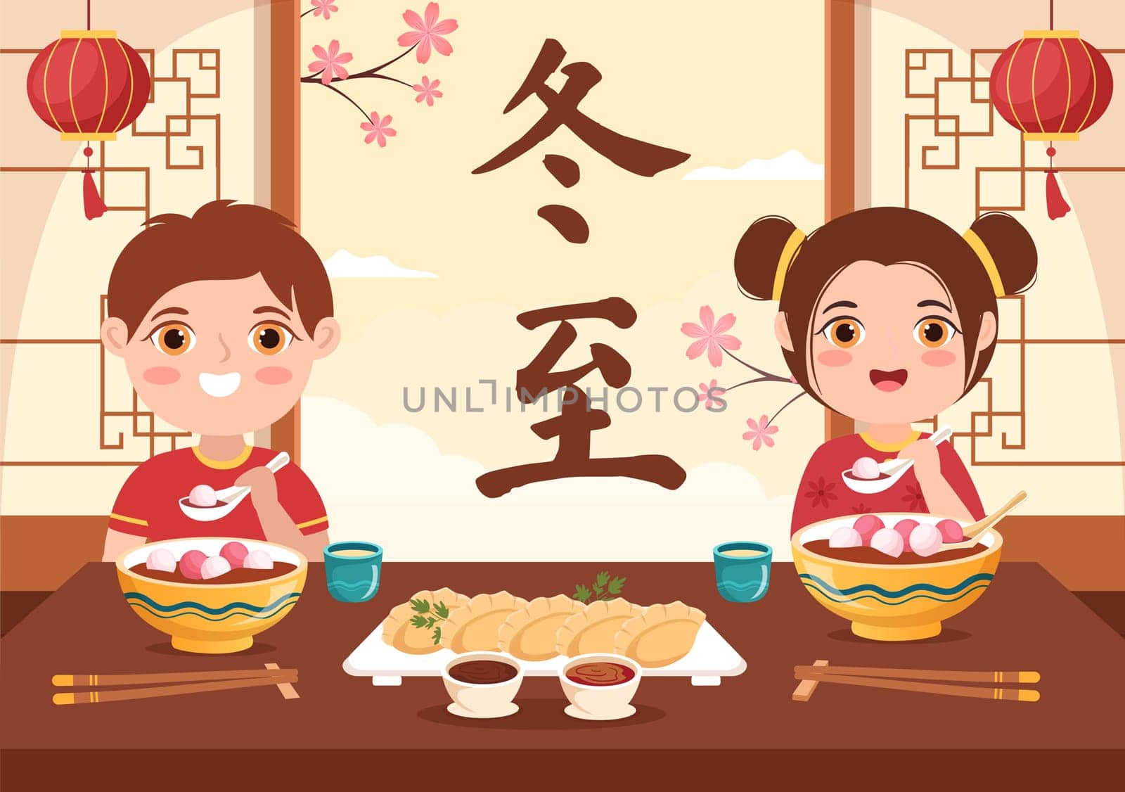 Dongzhi or Winter Solstice Festival Template Hand Drawn Cartoon Flat Illustration with Family Enjoying Chinese Food Tangyuan and Jiaozi Concept