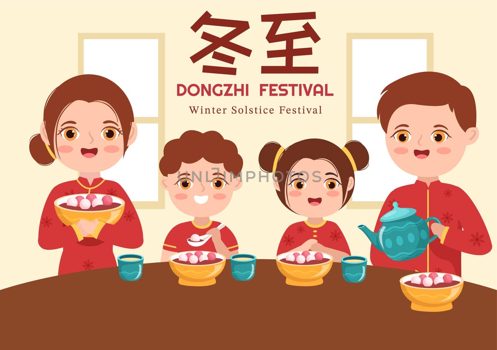 Dongzhi or Winter Solstice Festival Template Hand Drawn Cartoon Flat Illustration with Family Enjoying Chinese Food Tangyuan and Jiaozi Concept