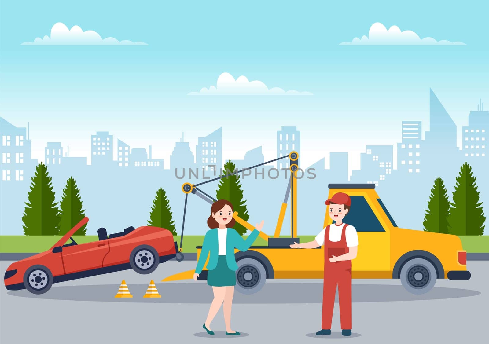 Auto Towing Car Using a Truck with Roadside Assistance Service in Template Hand Drawn Cartoon Flat Background Illustration