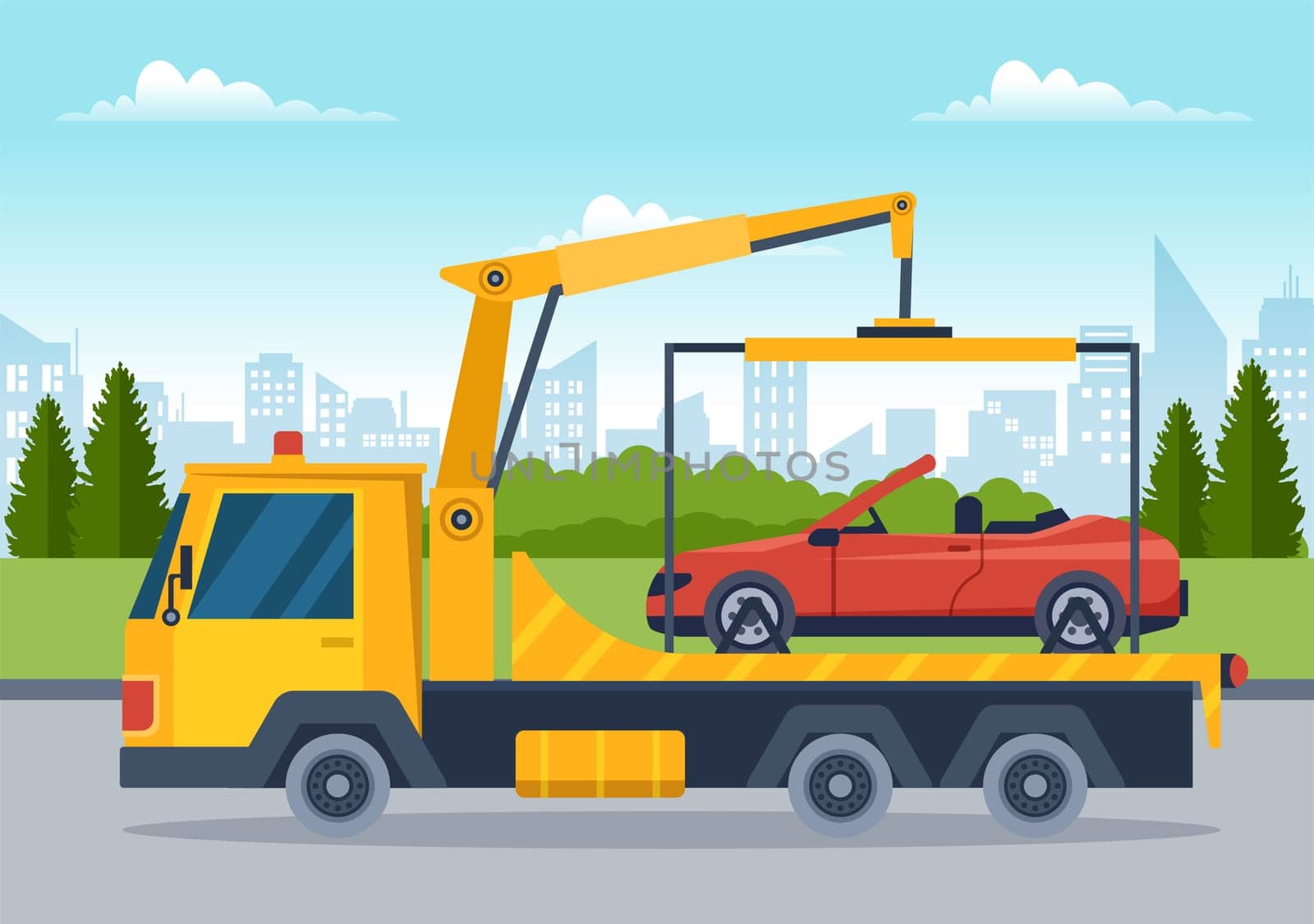 Auto Towing Car Using a Truck with Roadside Assistance Service in Template Hand Drawn Cartoon Flat Background Illustration
