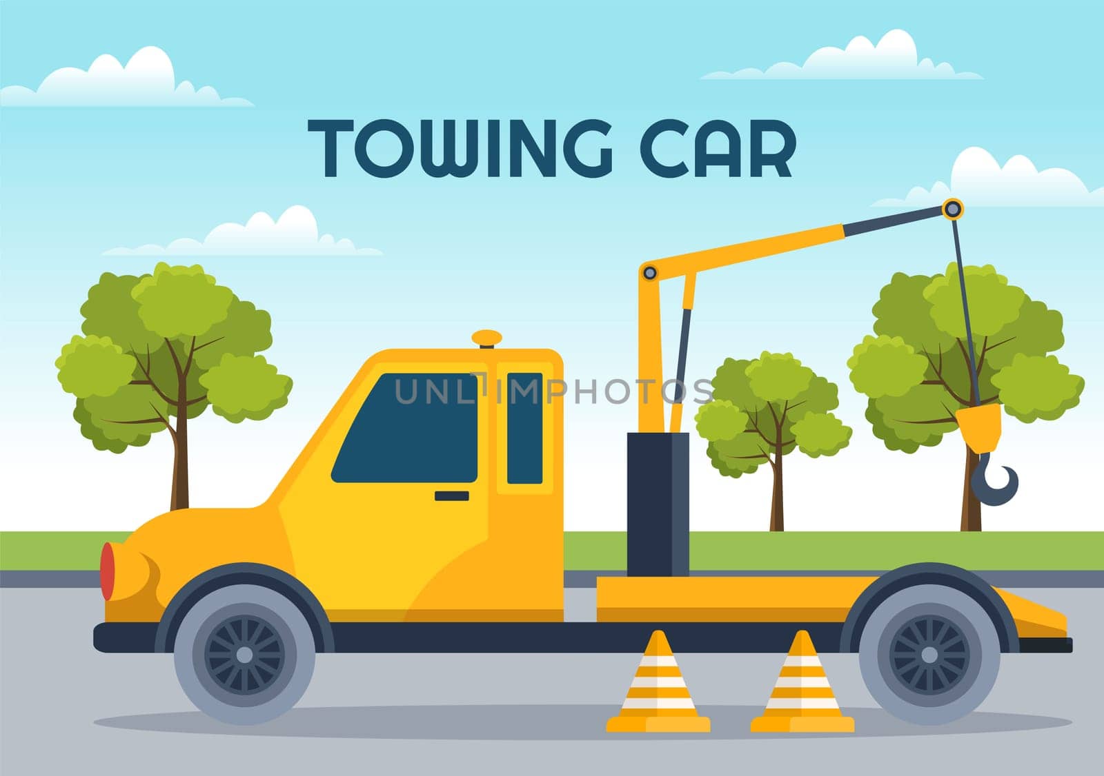 Auto Towing Car Using a Truck with Roadside Assistance Service in Template Hand Drawn Cartoon Flat Background Illustration