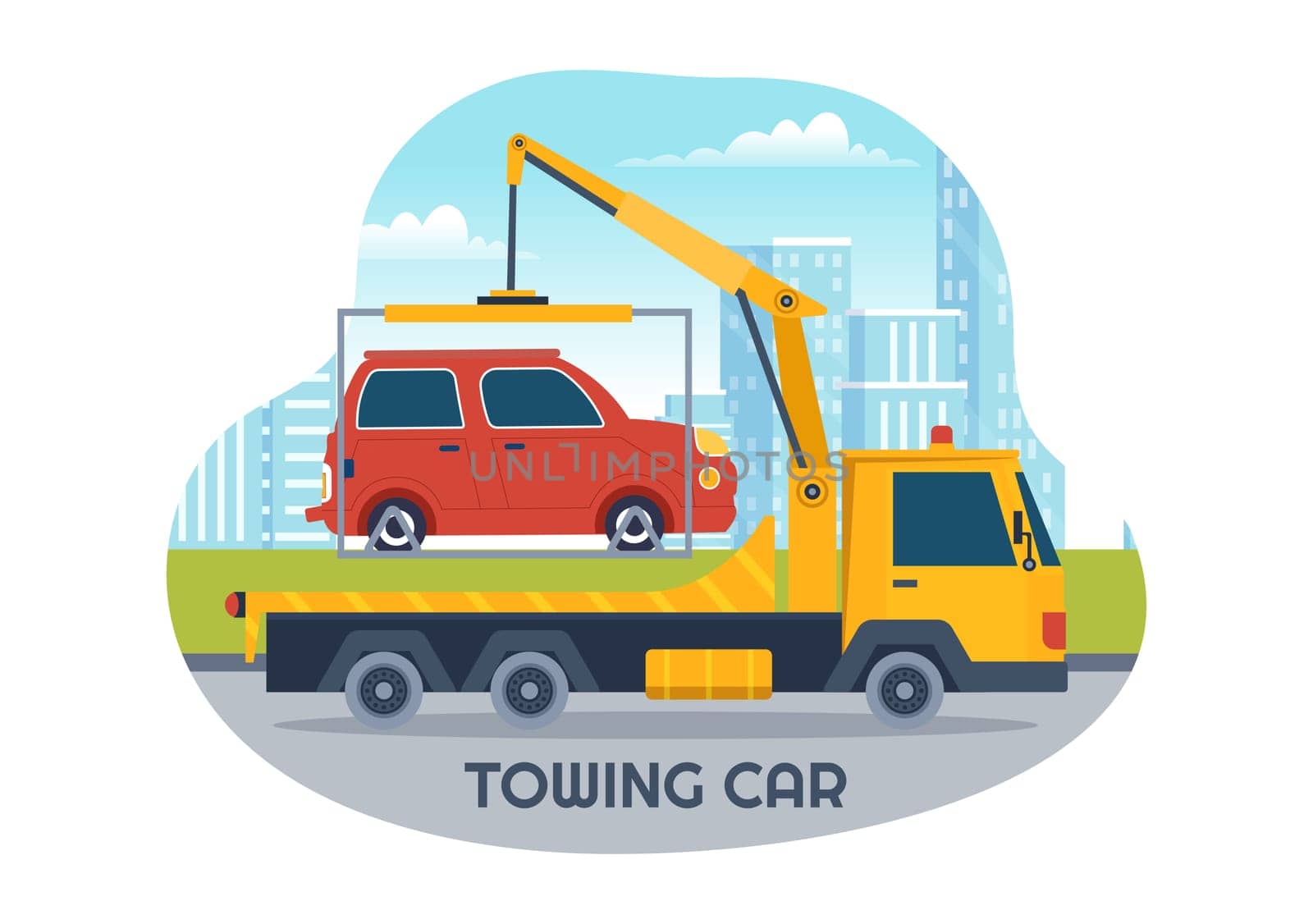 Auto Towing Car Using a Truck with Roadside Assistance Service in Template Hand Drawn Cartoon Flat Background Illustration