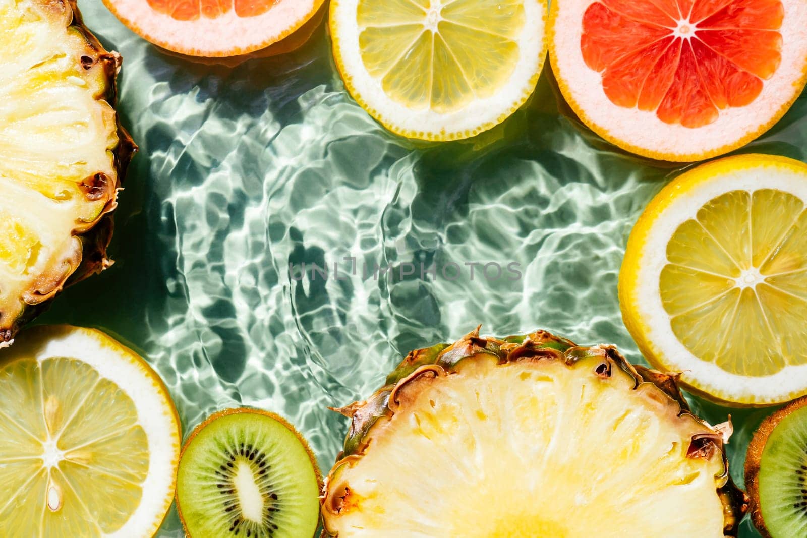 Colorful abstract image fruit citrus lemon, kiwi, orange, pineapple, grapefruit, lemon, pomelo water splashing fresh transparent surface, flecks. Flat lay, top view. Copy space. Summer beach tropical