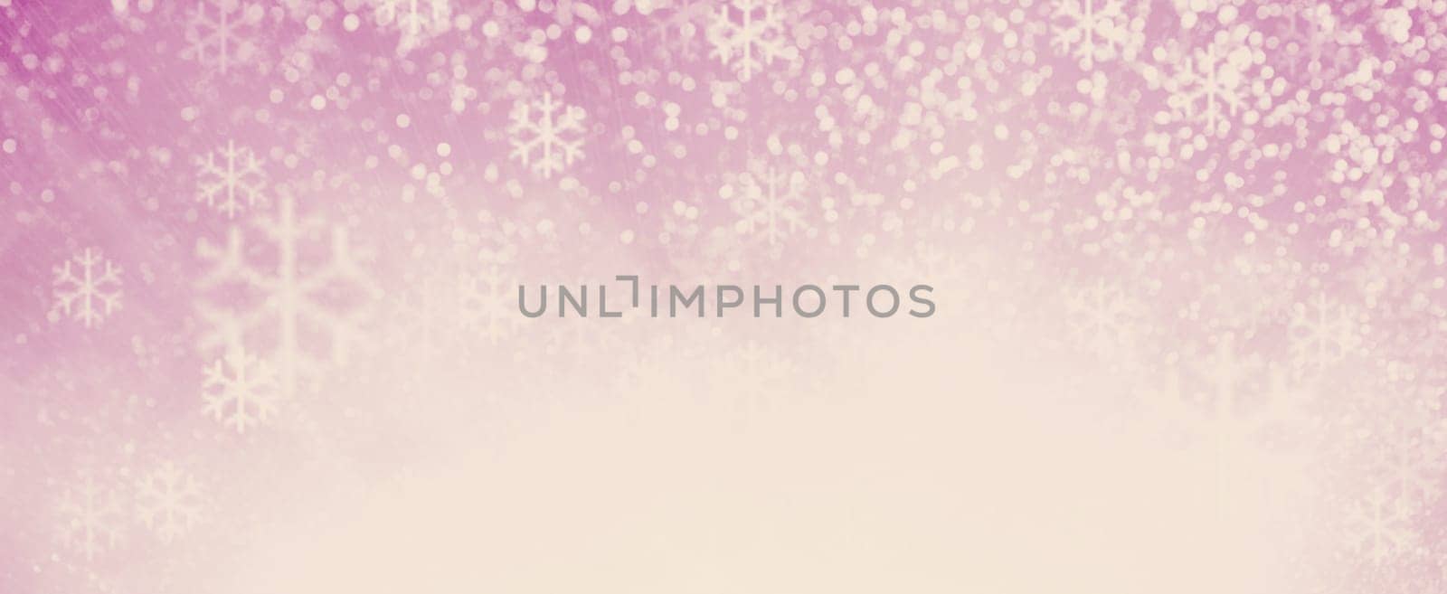 Pink bokeh background with snowflakes for christmas, defocused round lights and sunbeams, flare overlay