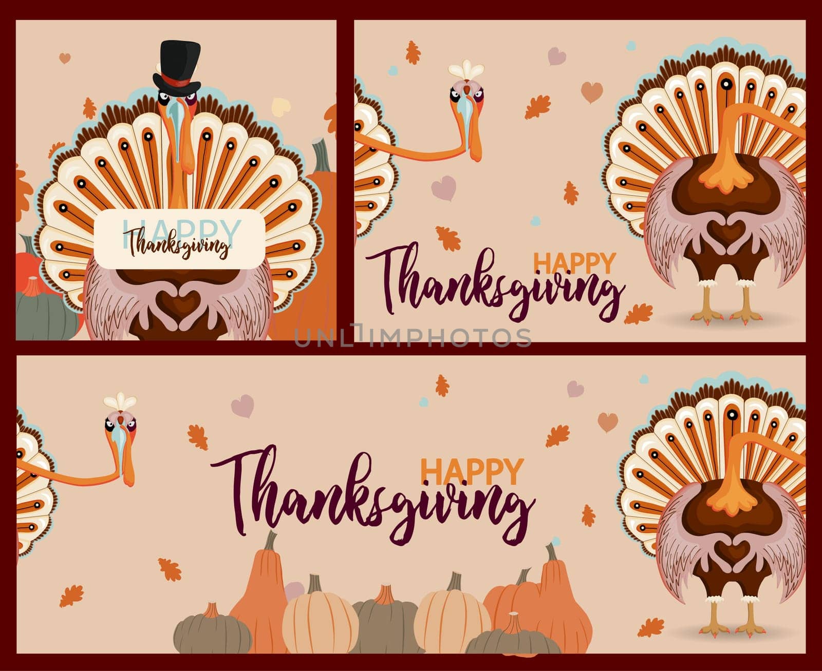 Thanksgiving autumn set. Vector illustration.Thank you digital painting, cute turkey banner, card. Festive background with funny turkey.