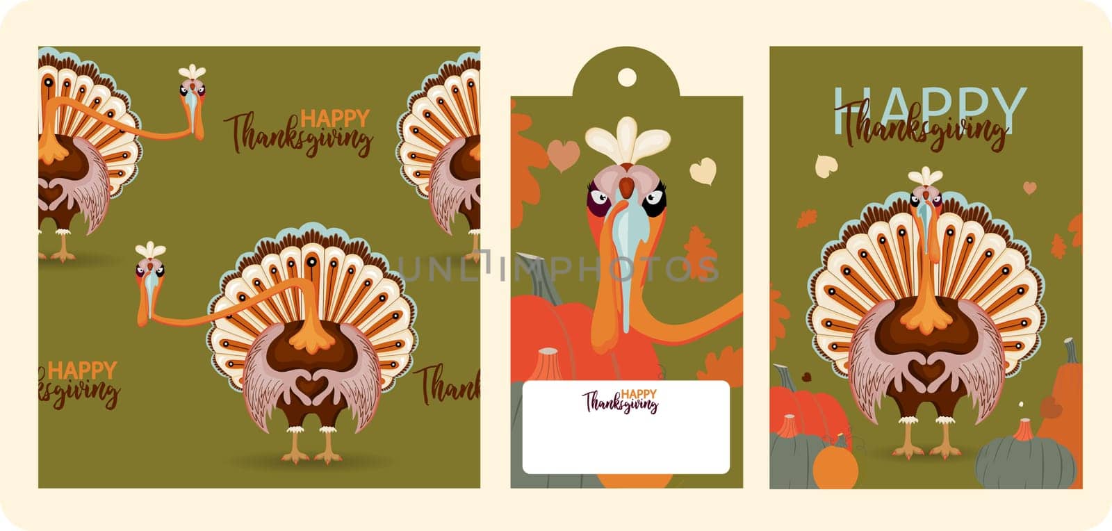 Thanksgiving autumn set. Vector illustration.Thank you digital painting, cute turkey banner, card. Festive background with funny turkey.