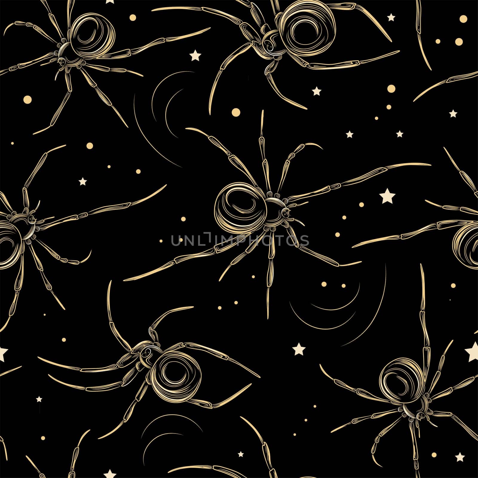 Seamless pattern with spiders and stars. Halloween mood pattern. Black background with gold pattern. Terrible scary pattern.