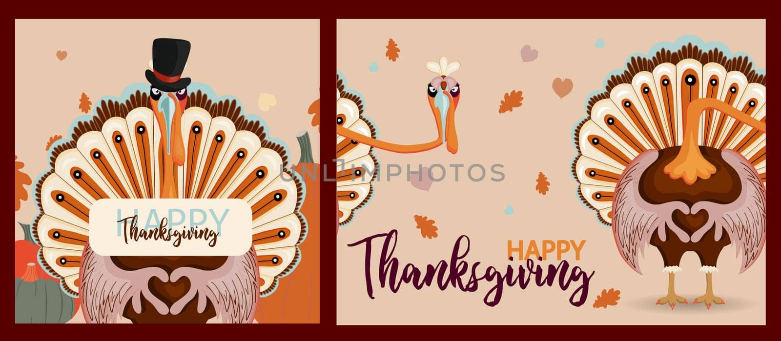 Thanksgiving autumn set. Vector illustration.Thank you digital painting, cute turkey banner, card. Festive background with funny turkey.