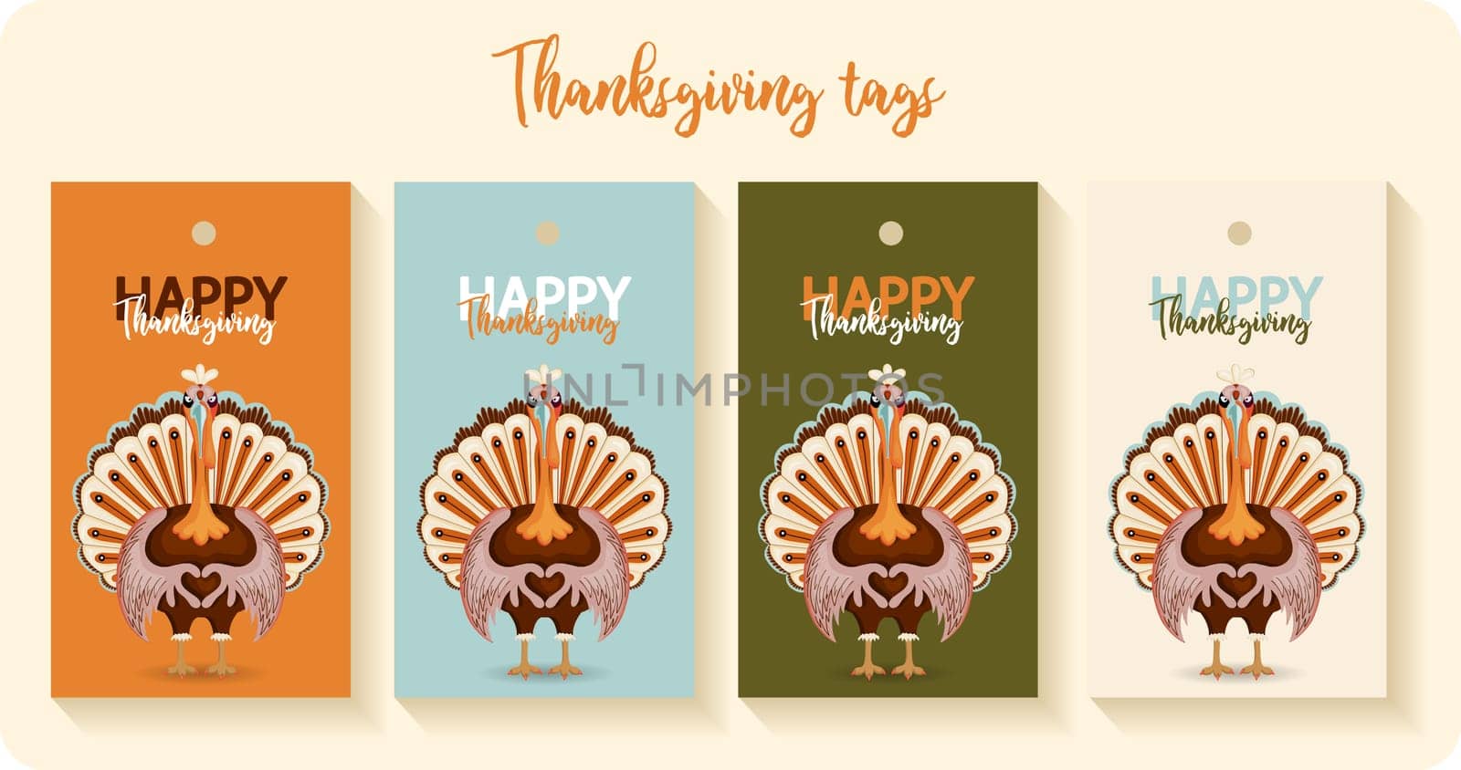 Happy Thanksgiving autumn set. Vector illustration. Thanksgiving digital painting, cute turkey gift tags, cards. Festive background with funny turkeys.