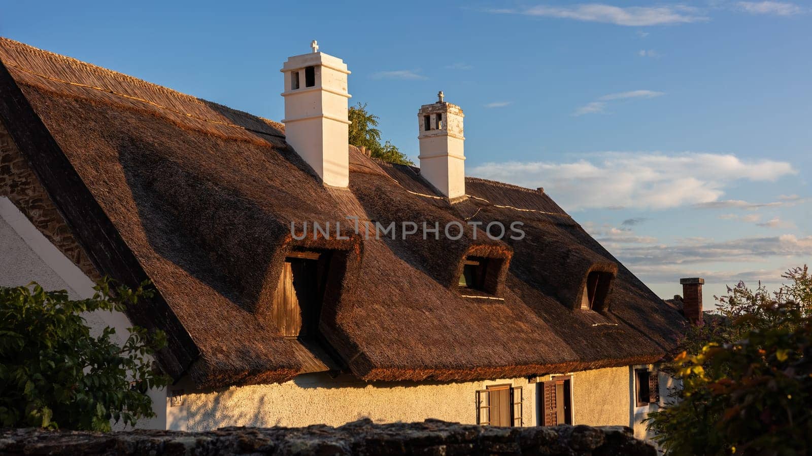 Roof of an old house created from reed stems, Hungary, Europe. Historical technique of insulation of building using parts of plants in thick layers.