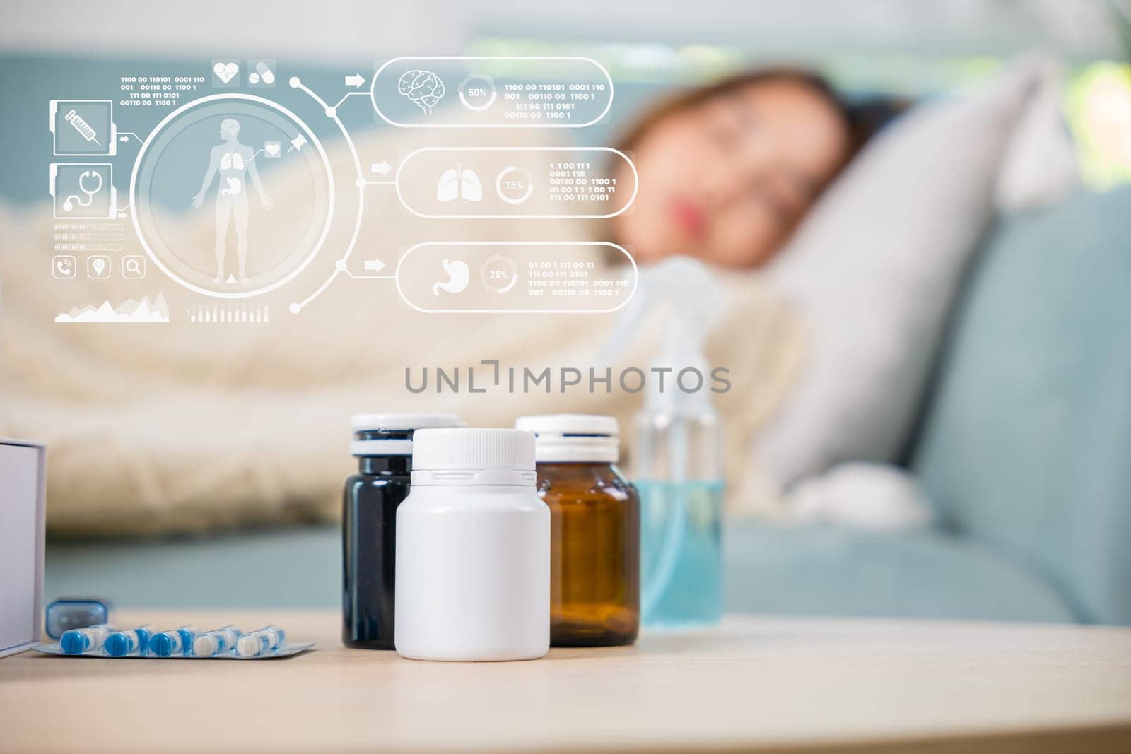 Asian young woman cold sick she sleeping and resting on sofa after take pills at home, beautiful female health problem use pharmacy kit box delivery service from hospital, delivery pharmacy concept