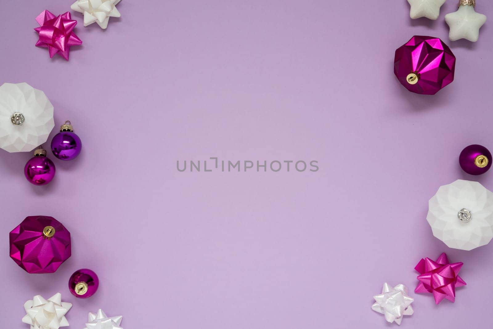 Christmas Card With Copy Space For Your Text. Purple Christmas Background With Romantic And Brilliant Decoration Like Balls.