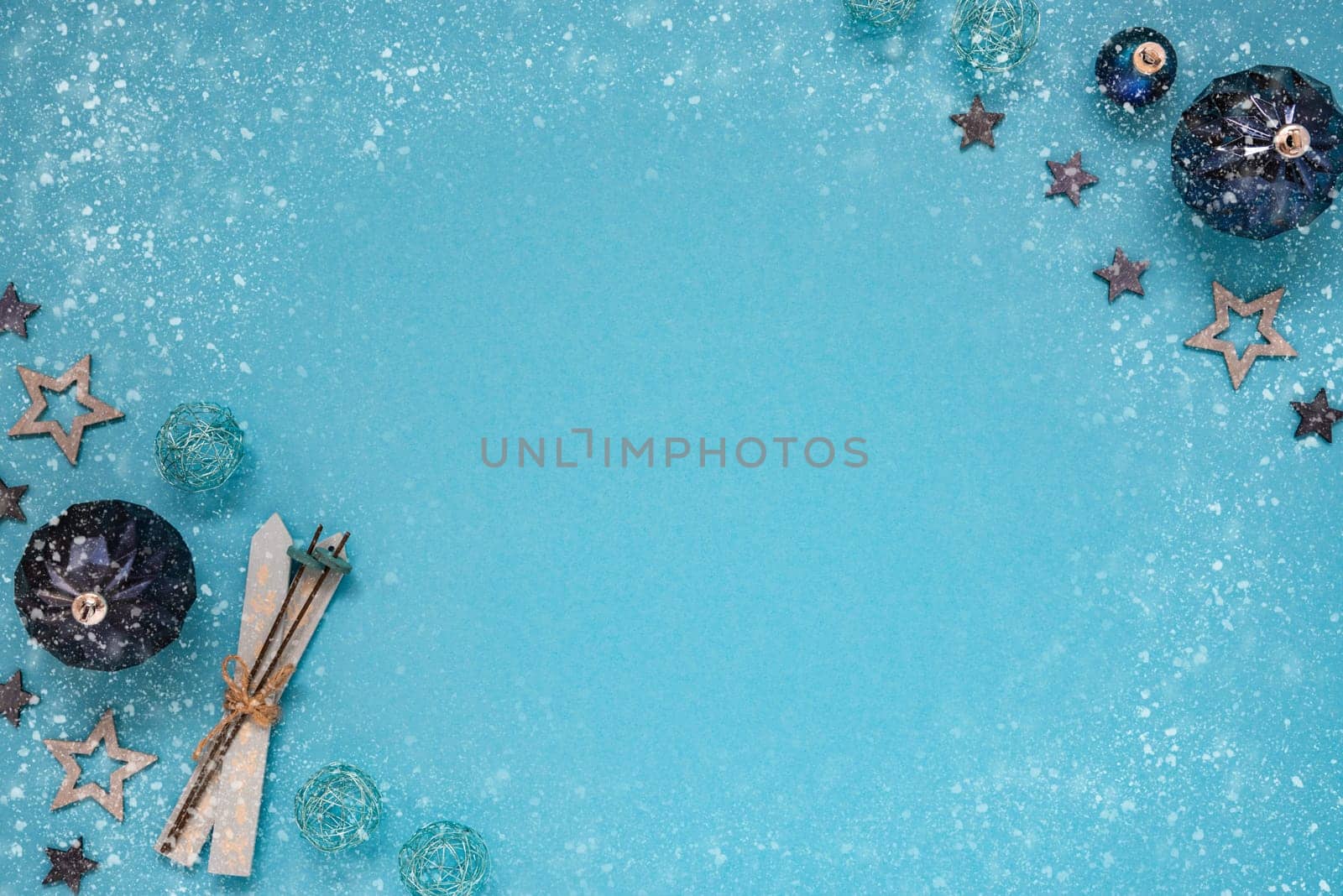 Christmas Card With Copy Space For Your Text. Turquoise Christmas Background With Decoration Like Balls, Stars, Ski And Snowflakes.
