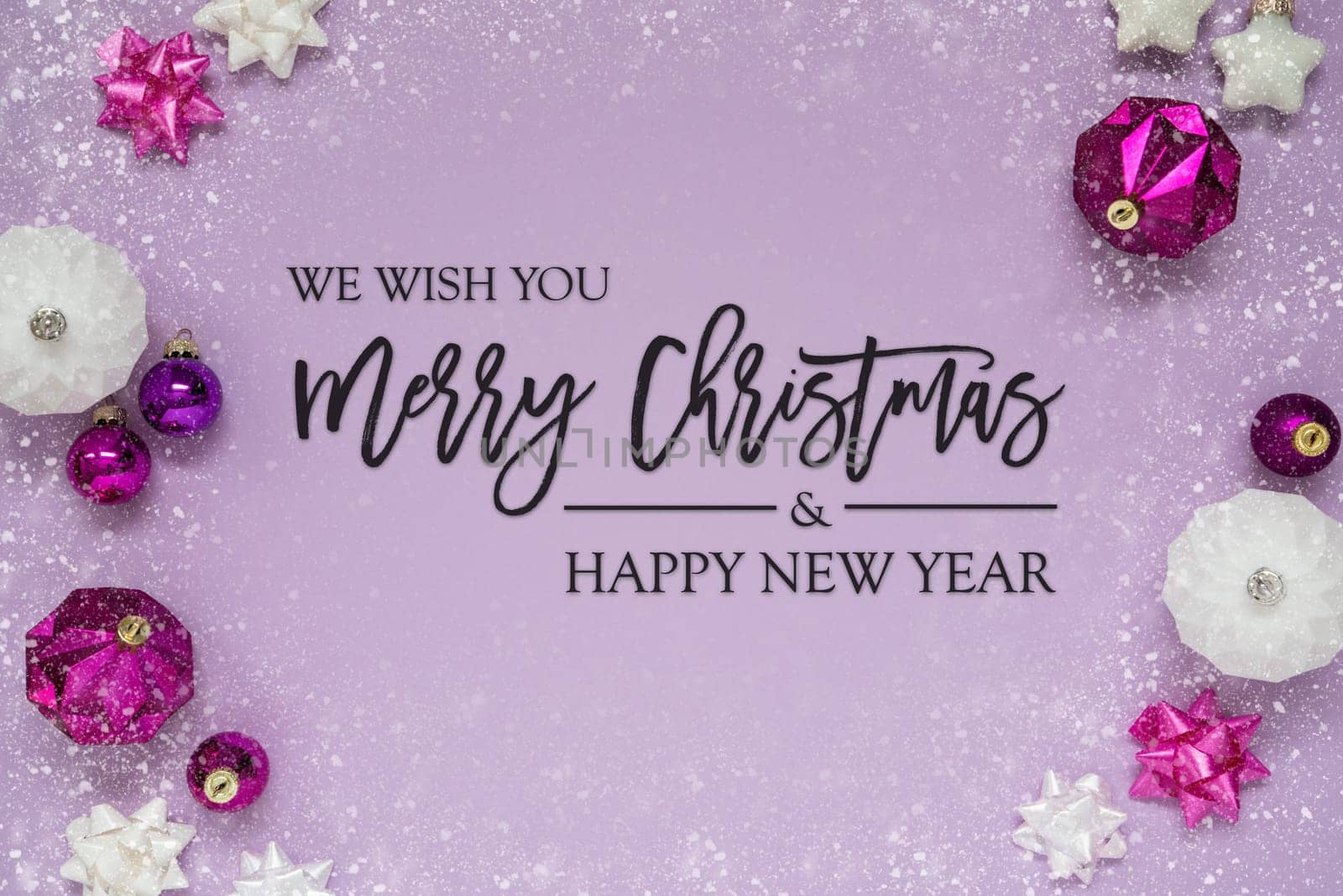 Christmas Card With English Text Merry Christmas And Happy New Year. Purple Christmas Background With Romantic And Brilliant Decoration Like Balls And Snowflakes