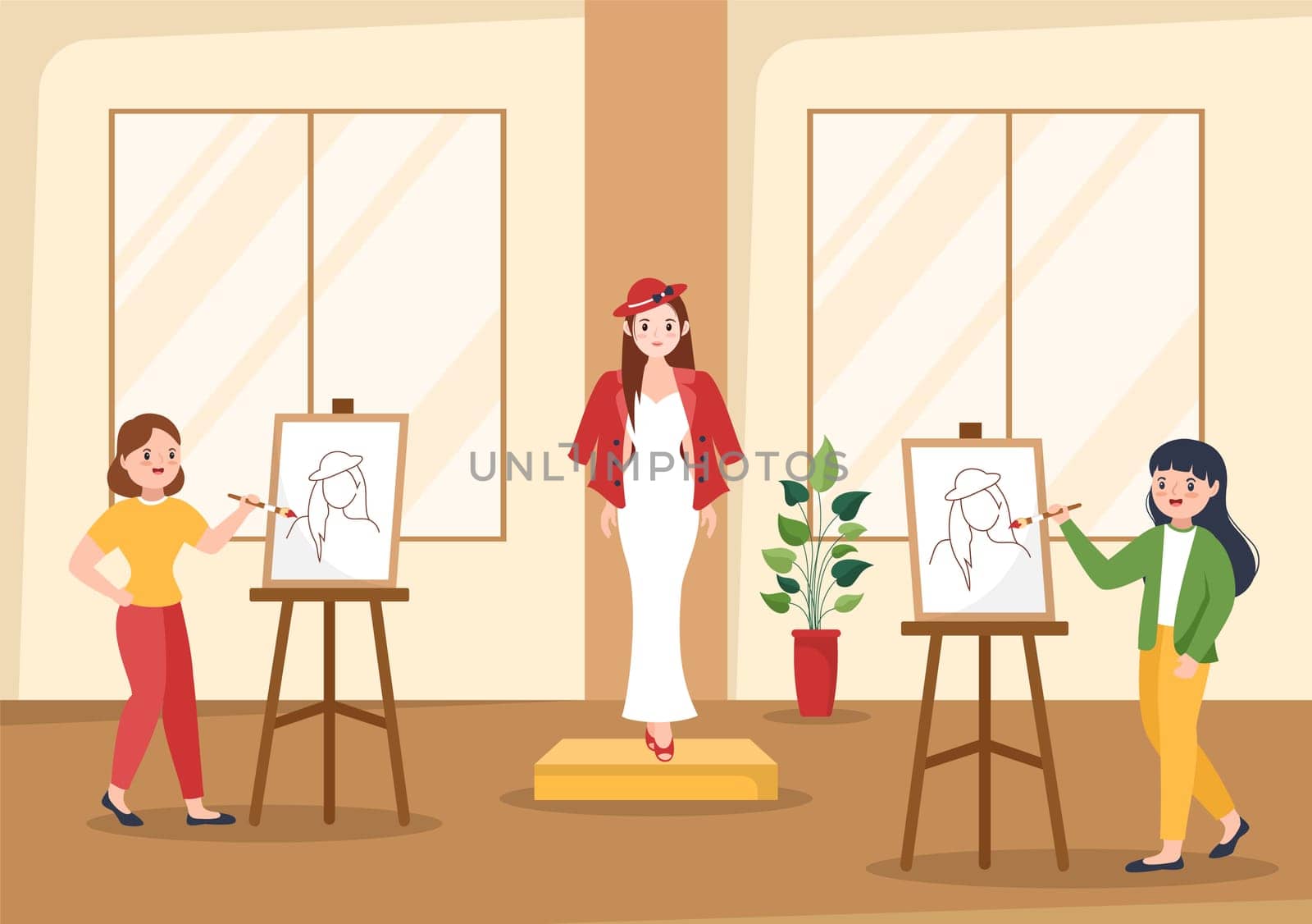Art School of Painting with Live Model or Object using Tools and Equipment in Template Hand Drawn Cartoon Flat Illustration
