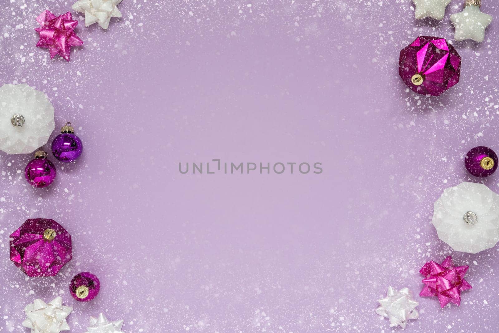 Christmas Card With Copy Space For Your Text. Purple Christmas Background With Romantic And Brilliant Decoration Like Balls And Snowflakes