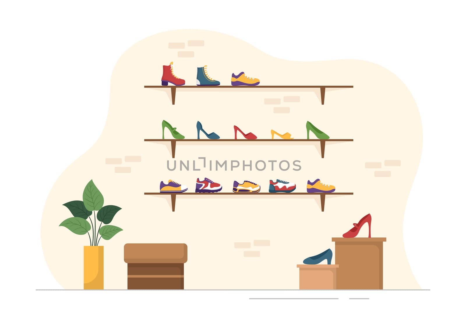 Shoe Store with New Collection Men or Women Various Models or Colors of Sneakers and High Heels in Flat Cartoon Hand Drawn Templates Illustration