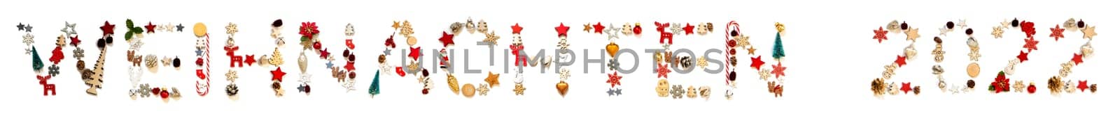 Colorful Christmas Decoration Letter Building German Word Weihnachten 2022 Means Christmas. Festive Ornament Like Christmas Tree, Star And Ball. White Isolated Background
