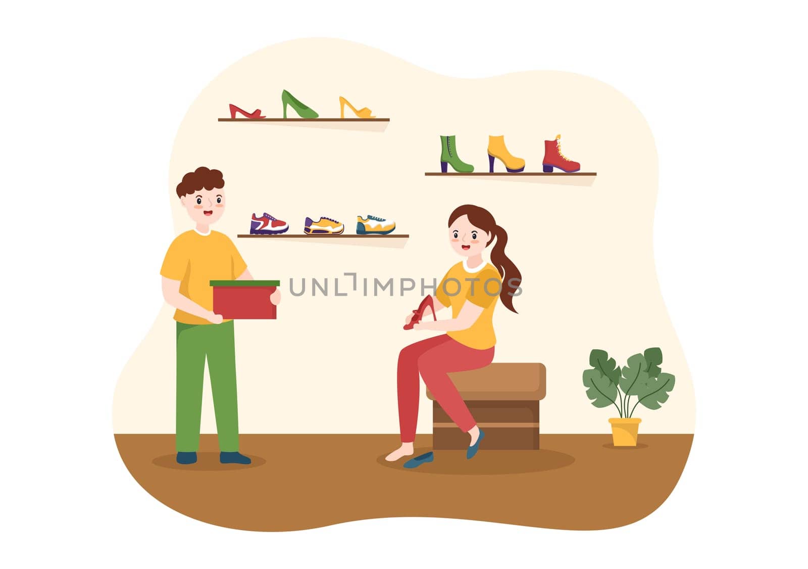 Shoe Store with New Collection Men or Women Various Models or Colors of Sneakers and High Heels in Flat Cartoon Hand Drawn Templates Illustration